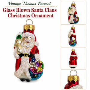 Vintage Thomas Pacconi Glass Blown Santa Christmas Ornament Glitter Holiday Deco